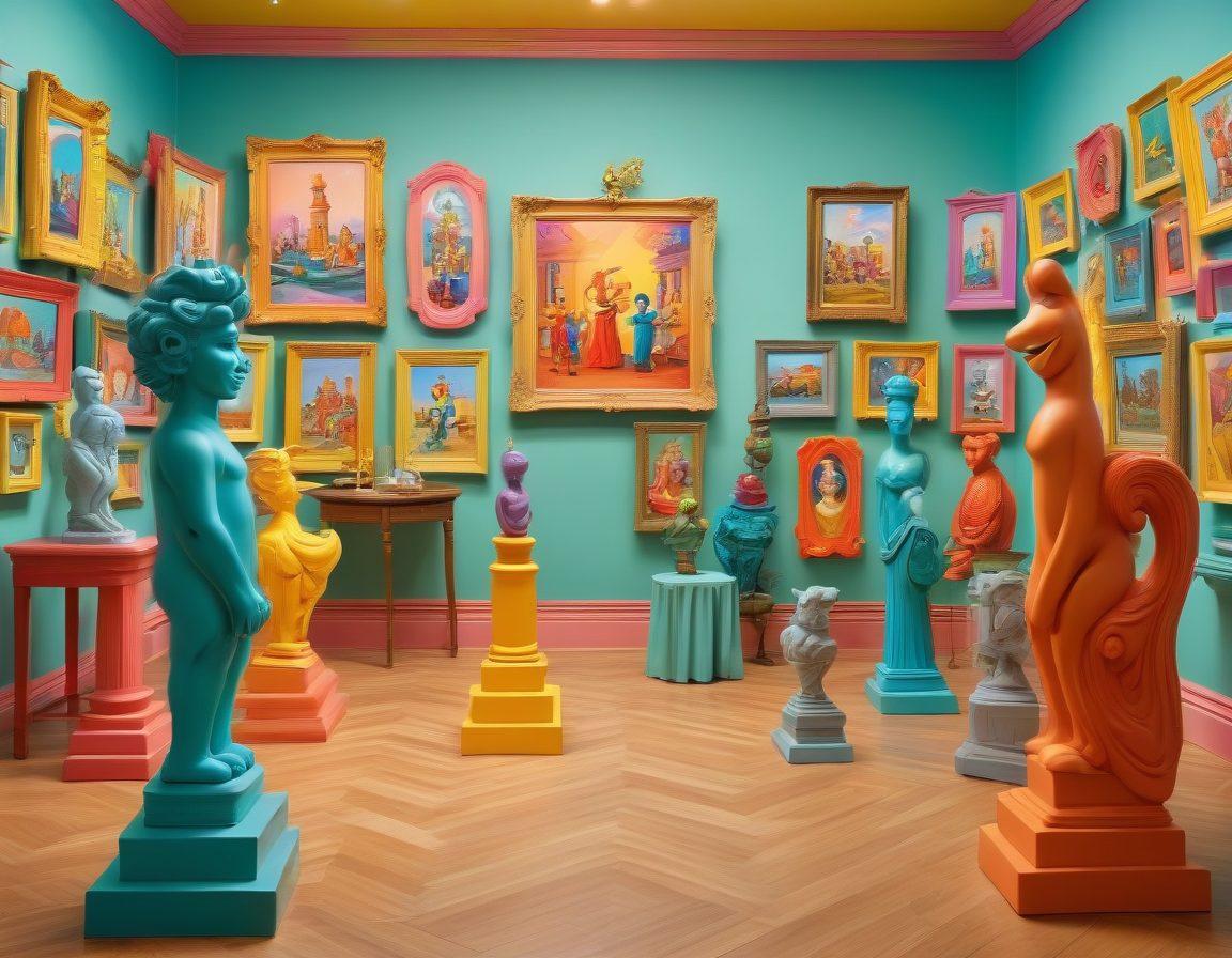 A whimsical and playful illustration featuring playful cartoons of adult themes, integrating elements of art galleries like colorful frames and classic sculptures, intermixed with light-hearted and humorous elements such as comical characters engaging with the art. The background should be bright and inviting, capturing the essence of joy and fun in the adult community. vibrant colors. cartoon style.