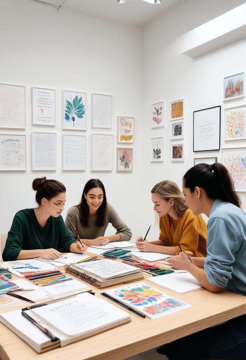A vibrant illustration showcasing a diverse group of people engaging in spirited discussions around a large table covered with creative tools like paintbrushes, notebooks, and laptops. Include elements representing self-expression, such as art pieces, fashion items, and written quotes around the scene. The atmosphere should be empowering and inclusive, radiating positivity and creativity. super-realistic. vibrant colors. white background.