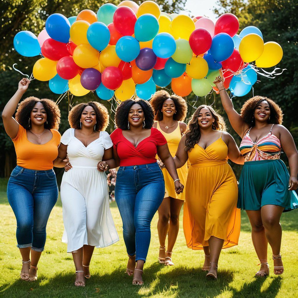 A diverse group of confident, curvy individuals joyfully celebrating together in a vibrant outdoor setting. They are wearing colorful outfits that embrace their curves, showcasing a spectrum of body shapes and sizes. Surround them with playful decorations such as balloons and flowers, symbolizing acceptance and joy. Bright sunlight casts a warm glow, emphasizing their happiness and empowerment. The background features a flowing rainbow banner reading 'Body Positivity'. super-realistic. vibrant colors. cheerful atmosphere.
